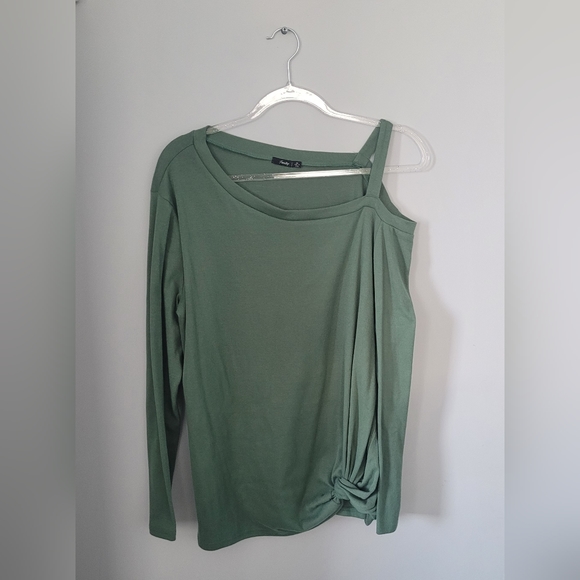 Casual Fall Green Cold Shoulder Long Sleeve Side Knot Top … - Picture 5 of 10